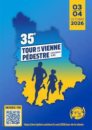 Affiche du 35e Tour de la Vienne pédestre, 3-4 octobre 2026, départ de Lencloître (86) — silhouettes de coureurs sur fond de carte de la Vienne.