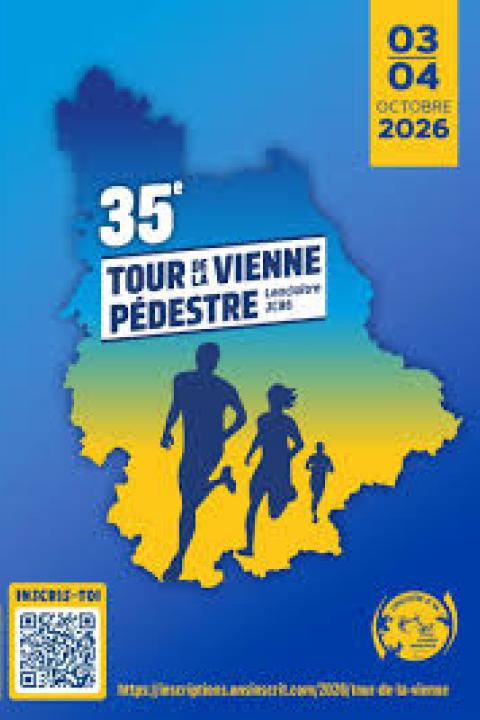 Affiche du 35e Tour de la Vienne pédestre, 3-4 octobre 2026, départ de Lencloître (86) — silhouettes de coureurs sur fond de carte de la Vienne.