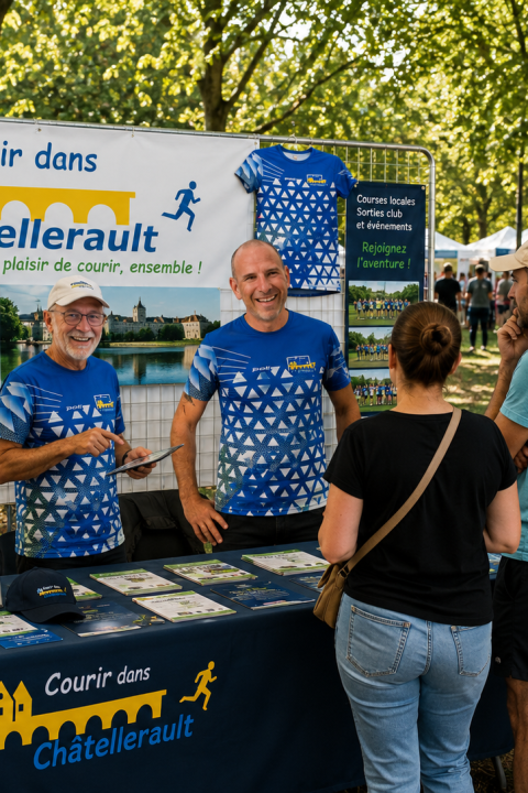 Stand de l'association Courir dans Châtellerault lors de la Fête des Associations, installé dans un parc arboré, avec deux bénévoles accueillant des visiteurs autour d'une table d'information.
